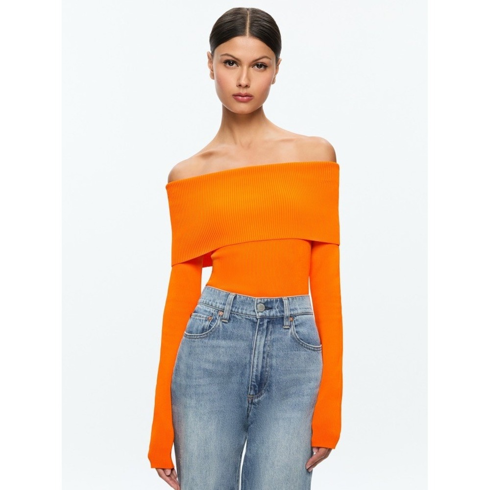 ALICE + OLIVIA Dolan Pullover Orange Blaze Knit Off The Shoulder Sweater Small
